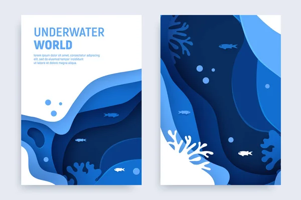 Unterwasser Ozean abstrakte Papierkunst Hintergrund-Set. papiergeschnittener Unterwasserhintergrund mit Wellen und Korallenriffen. retten das Konzept der Ozeane. Craft Vektor Illustration — Stockvektor
