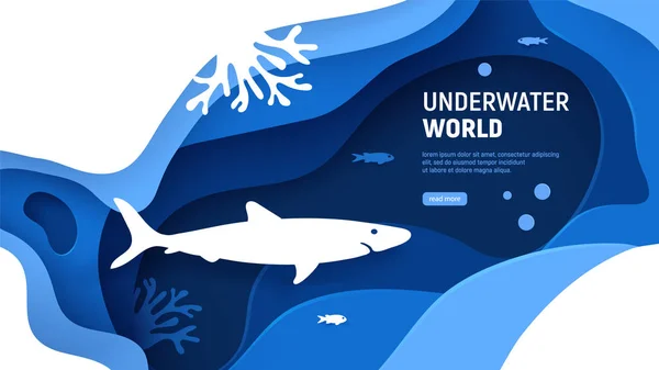 Modèle de page monde sous-marin. Art du papier concept du monde sous-marin avec silhouette de requin. Papier découpé fond marin avec requin, vagues, poissons et récifs coralliens. Illustration vectorielle artisanale — Image vectorielle