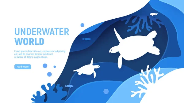 Vorlage für die Unterwasserwelt. Papierkunst Unterwasserwelt Konzept mit Schildkröten Silhouette. papiergeschnittener Meereshintergrund mit Schildkröten, Wellen, Fischen und Korallenriffen. Craft Vektor Illustration — Stockvektor