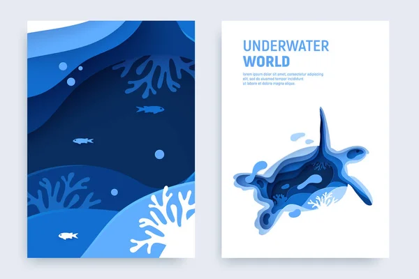 Unterwasser Ozean Papier Kunst Banner-Set. Papiergeschnittenes Unterwasserbanner mit Schildkrötensilhouette, Fischen, Wellen und Korallenriffen. retten das Konzept der Ozeane. Craft Vektor Illustration — Stockvektor