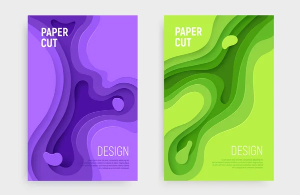 Набор баннеров для вырезания бумаги с трехмерным абстрактным фоном и зелеными, фиолетовыми волнами. Абстрактный макет брошюры и листовки. Векторная иллюстрация — стоковый вектор