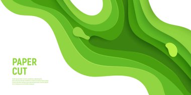 Yeşil kağıt kesim afişi, 3 boyutlu sümüksü arka plan ve yeşil dalga katmanları. Broşür ve broşür için soyut tasarım. Kağıt sanatı vektör çizimi