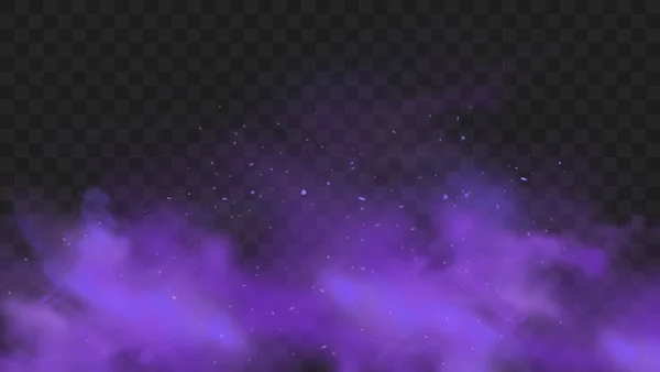 透明な暗い背景に隔離された紫色の煙 粒子と輝きを持つ抽象的な紫色の粉末爆発 煙のフック 毒ガス バイオレットダスト 霧の効果 現実的なベクトル図 — ストックベクタ