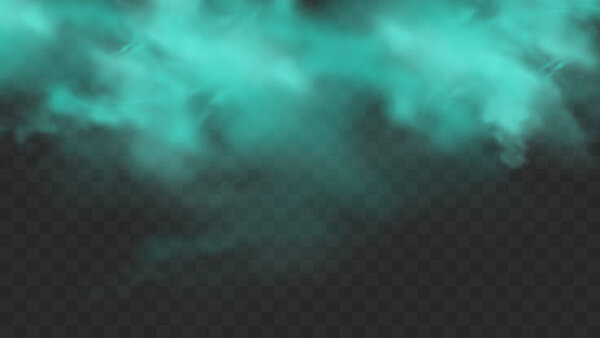 Blue smoke isolated on dark transparent background. Realistic blue magic mist cloud, chemical toxic gas, steam waves. Realistic vector illustration.