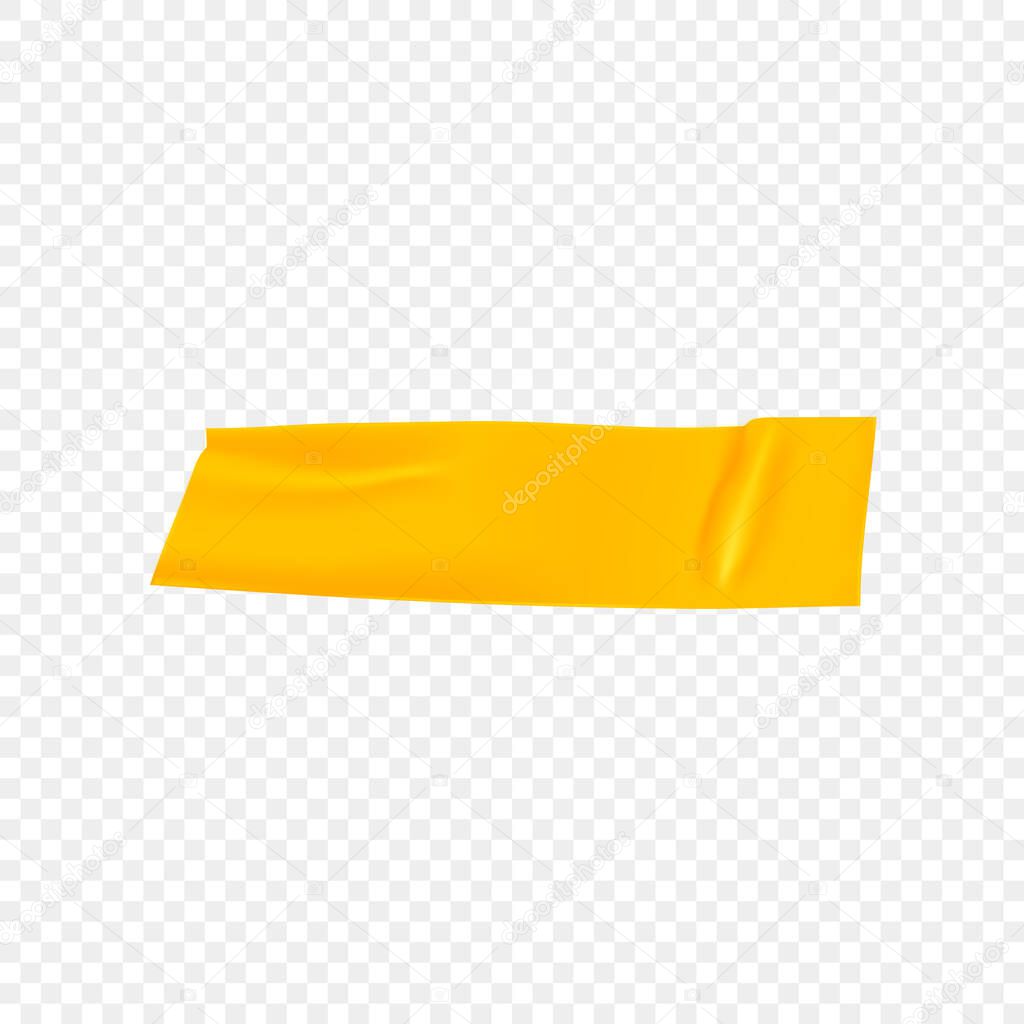 Yellow duct repair tape isolated on transparent background. Realistic yellow adhesive tape piece for fixing. Adhesive paper glued. Realistic 3d vector illustration.