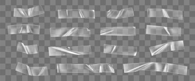 Şeffaf yapıştırıcı plastik bant seti şeffaf arkaplanda izole edildi. Fotoğraf ve kağıt armatürleri için buruşturulmuş plastik yapıştırıcı bandı. Gerçekçi buruşuk şeritler 3 boyutlu vektör çizimini izole etti