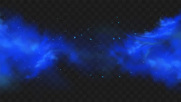 Asap biru diisolasi pada latar belakang transparan gelap. Awan kabut ajaib biru realistis, gas beracun kimia, gelombang uap. Ilustrasi vektor realistis - Stok Vektor