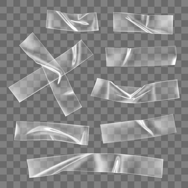 透明接着剤プラスチックテープ部分と透明背景に隔離された固定のためのクロス。写真や紙の固定具のためのしわ接着剤プラスチック粘着テープ。3D現実的なしわのストリップベクトル — ストックベクタ