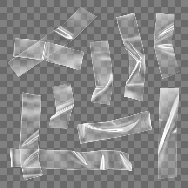 透明接着剤プラスチックテープ部分と透明背景に隔離された固定のためのクロス。写真や紙の固定具のためのしわ接着剤プラスチック粘着テープ。3D現実的なしわのストリップベクトル — ストックベクタ