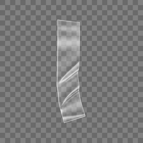 Průhledná lepicí plastová páska izolovaná na průhledném pozadí. Zmačkaná lepicí páska z umělé hmoty na fotografii a papírové uchycení. Realistické vrásčité pruhy izolované 3D vektorové ilustrace — Stockový vektor