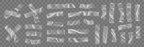 투명 한 배경에 분리 된 부분을 고정하기 위해 투명 한 접착 플라스틱 테이프 조각과 십자가를 만듭니다. 사진 과종이 고정을 위해 부식 된 접착제 플라스틱 끈적끈적 한 테이프. 3d 현실적 주름 진 띠 벡터 — 스톡 벡터