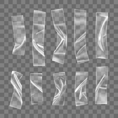 Şeffaf yapıştırıcı plastik bant seti şeffaf arkaplanda izole edildi. Fotoğraf ve kağıt armatürleri için buruşturulmuş plastik yapıştırıcı bandı. Gerçekçi buruşuk şeritler 3 boyutlu vektör çizimini izole etti