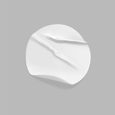 Beyaz yuvarlak buruşuk çıkartma maketi. Yapışkan beyaz kağıt ya da yapıştırıcı etiketli, gri arka planda kırışık bir efekt. Etiket ya da fiyat etiketlerinin boş şablonları. 3d gerçekçi vektör