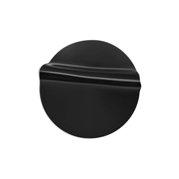 Μαύρο στρογγυλό τσαλακωμένο αυτοκόλλητο. Αυτοκόλλητο μαύρο χαρτί ή αυτοκόλλητο πλαστικό με κολλημένη, ρυτιδωμένη δράση σε λευκό φόντο. Λευκά πρότυπα ετικέτας ή ετικετών τιμών. 3d ρεαλιστικό διάνυσμα — Διανυσματικό Αρχείο