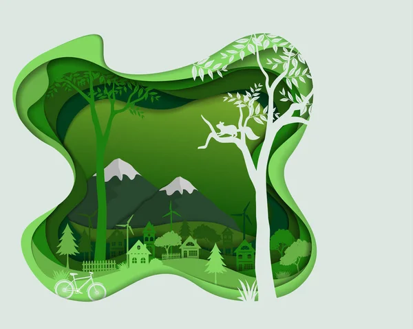 Eco Amigável Salvar Conceito Conservação Meio Ambiente Silhueta Campo Paisagem — Vetor de Stock