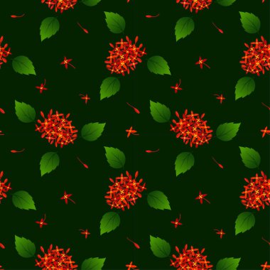 Dikişsiz tekrar desen tasarım kumaş, tekstil, baskı veya ambalaj kağıdı, vektör çizim için koyu arka plan üzerinde kırmızı tropikal çiçeklerle