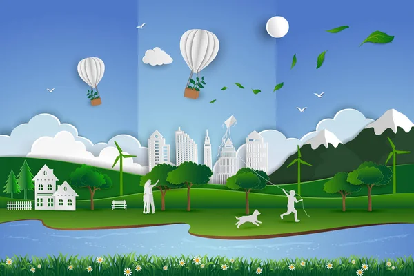 Umweltfreundlich Speichern Sie Das Umweltschutzkonzept Papierkunst Abstrakten Hintergrund Mit Familie — Stockvektor