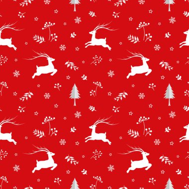 Geyikler ve kırmızı arka plan, kış sezonu için Noel tatili, kutlama parti, yeni yıl, kumaş, tekstil, simgelerin üzerine kar taneleri ile Seamless modeli yazdırmak veya kağıt, ambalaj illüstrasyon vektör