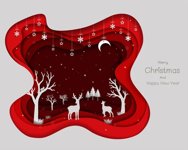 Ontwerp voor een papieren kunst met herten familie en sneeuwvlokken op Rode abstracte achtergrond — Stockvector