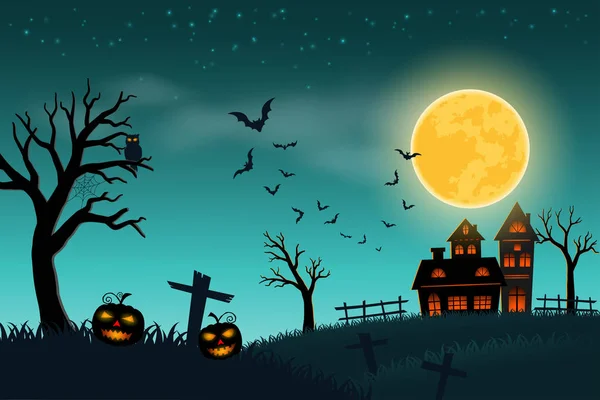 Fröhliches Halloween Mit Vollmond Auf Grünem Hintergrund Kürbisse Auf Gruseligem — Stockvektor