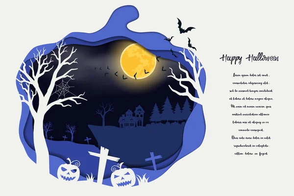 Papierkunst halloween mit gruseligen Kürbissen und Vollmond auf blauem Hintergrund — Stockvektor