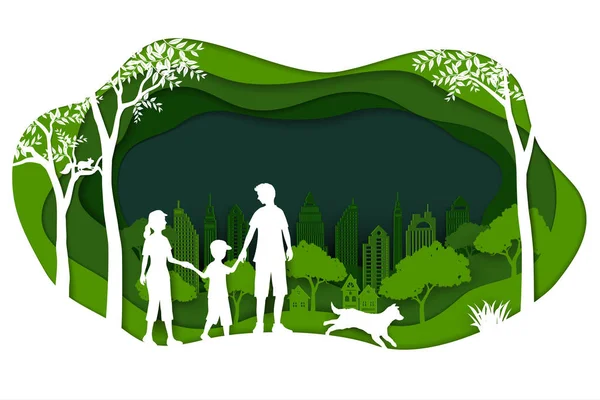 Paesaggio con eco città verde e felice famiglia su sfondo arte cartacea — Vettoriale Stock