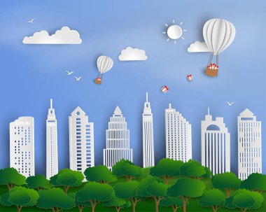 Kağıt Sanat sahne arka plan, sıcak hava balonu ile kentsel şehir manzarası üzerinde yüzen hediye kutusu 