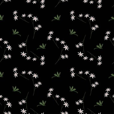 Yusufçuk monoton Dikişsiz desen tasarım moda, kumaş, tekstil, Yazdır veya duvar kağıdı, koyu arka plan üzerinde beyaz çiçek açan çiçeklerle illüstrasyon vektör