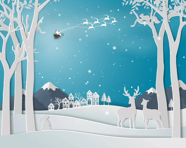 Famille de cerfs en saison hivernale avec paysage urbain sur fond d'art papier — Image vectorielle