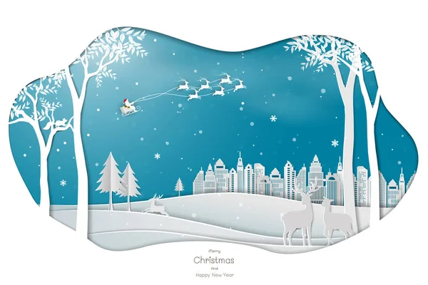 Paper art design with Santa Clause coming to town on blue fone — стоковый вектор