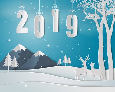 Metinle 2019, Kağıt arka plan mavi sanat, vektör çizim üzerinde geyik aile ile kış manzara mutlu yeni yıl