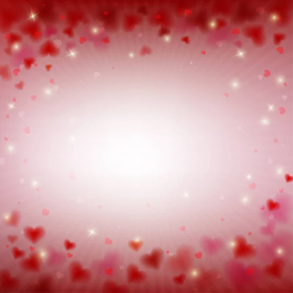 Love Valentine 's Day card with romantic light and hearts on blur background, vector illustration — стоковый вектор