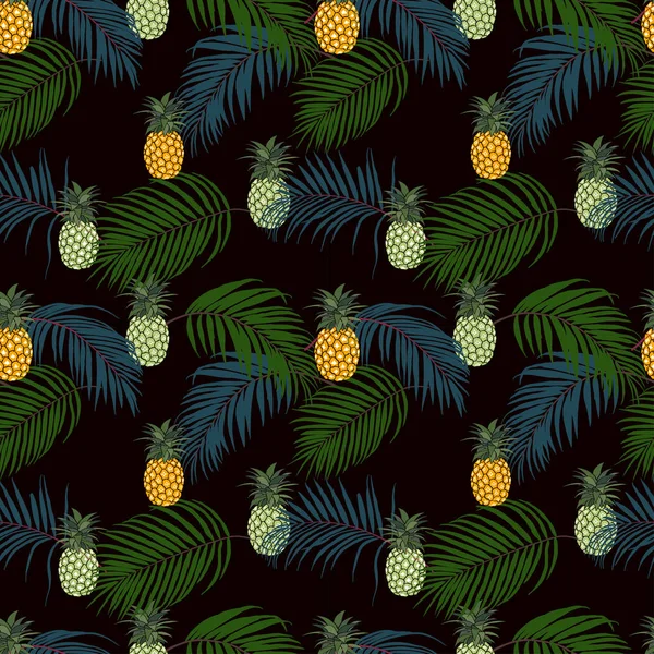 Colorful tropical leaves and pineapple on dark background seamless pattern — Stock Vector