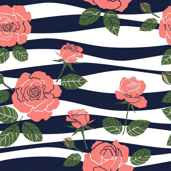 Patrón sin costuras de rosas dulces sobre fondo ondulado, para moda, tela, textil, impresión o fondo de pantalla — Vector de stock