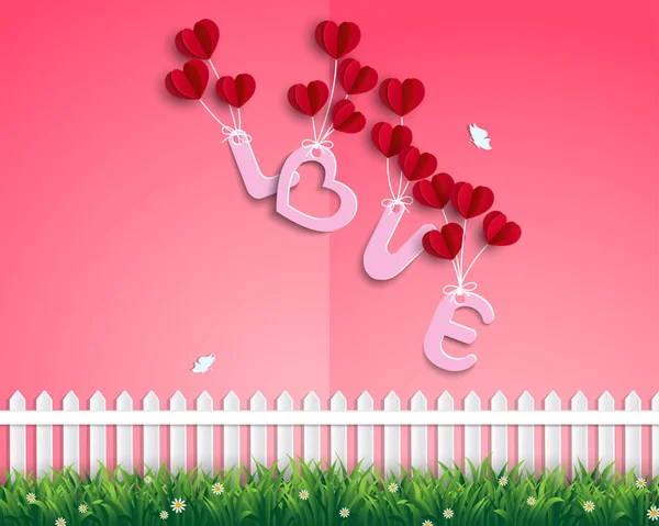 Garden Love Red Balloons Floating Air Happy Valentine Day Greeting — Stock Vector