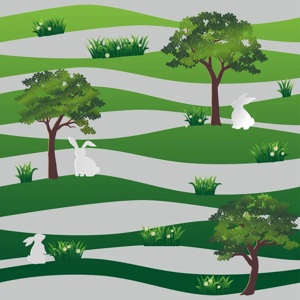 Coelhos brancos no padrão sem costura prado no fundo ondulado verde — Vetor de Stock