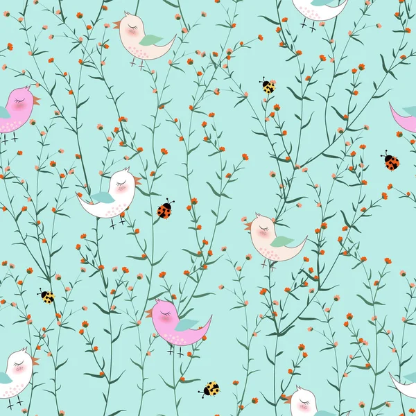 Cute Ptaków Kwitnący Ogród Kwiaty Pastelowe Niebieskie Tło Dla Tkaniny — Wektor stockowy