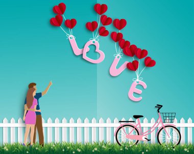 Mutlu Sevgililer günü, tebrik kartı veya poster, vektör çizim için çift yeşil arka plan, kağıt sanat tasarım ile sevginin Bahçe