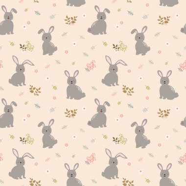Sorunsuz imkanı desen tavşanlarla sevimli çiçek arka plan üzerinde çete. Çocuk ürün, giyim, moda, kumaş, tekstil, Yazdır veya ambalaj kağıdı, vektör çizim için mükemmel