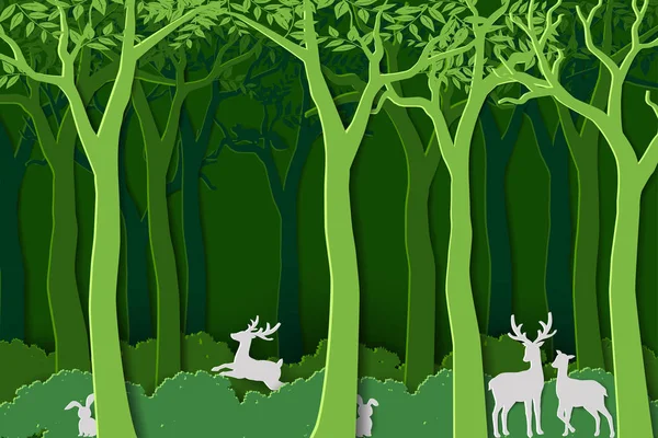 ग्रीन वुड्स में पशु वन्यजीव के साथ प्यार प्रकृति, विश्व वन दिवस के लिए पेपर आर्ट डिजाइन — स्टॉक वेक्टर