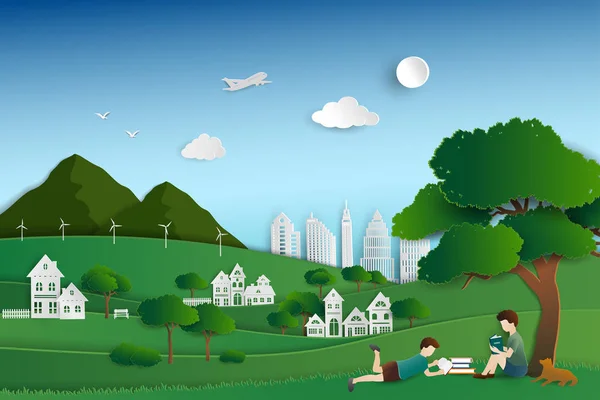 绿色自然城市与孩子读书在树之下, 背景为世界书天 — 图库矢量图片