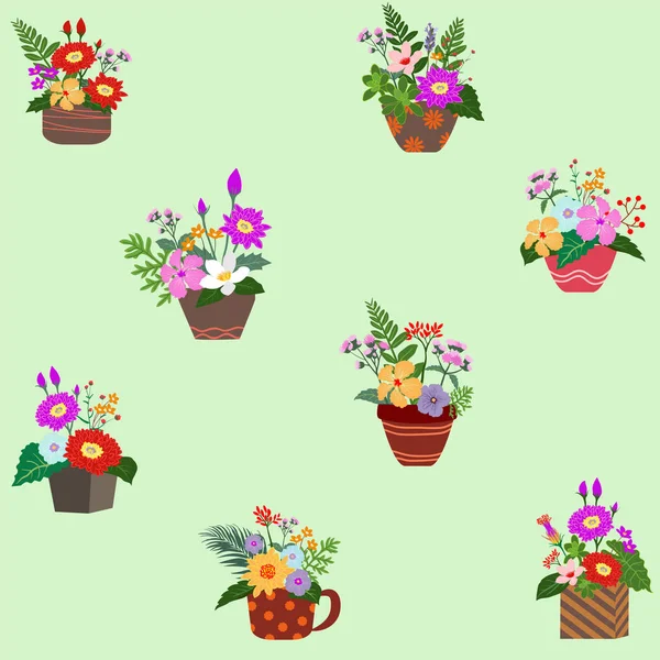 Conjunto de hermosas flores en flor y hojas tropicales en macetas de colores — Vector de stock