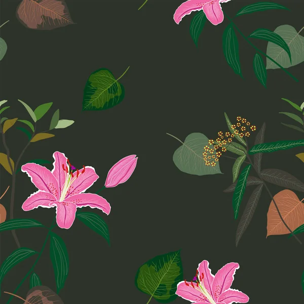 Floraison beau motif sans couture de lis rose doux, feuilles tropicales exotiques sur fond sombre nuit d'été — Image vectorielle