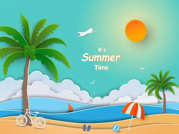 View Blue Sea Summer Time Concept Paper Art Design Beach — Stock Vector