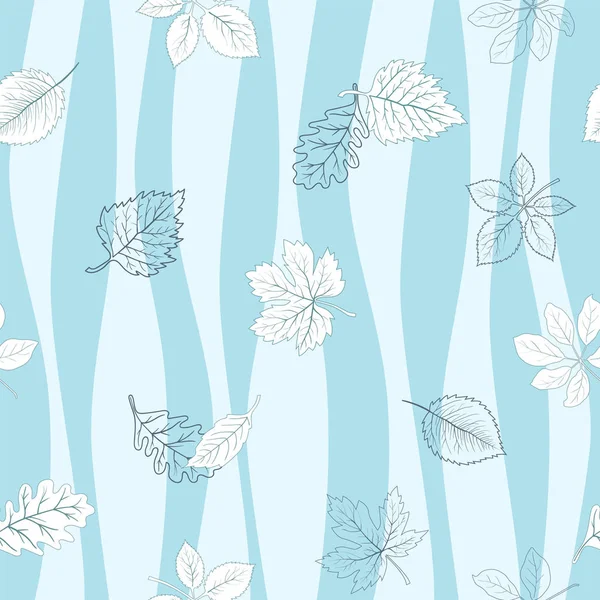 Sonbahar Mavi Dalgalı Arka Plan Üzerinde Dikişsiz Desen Yaprakları Dekoratif — Stok Vektör