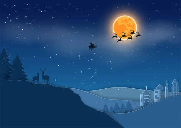 Papierkunst Hirschfamilie Auf Monoton Blauem Landschaftshintergrund Weihnachtsmann Kommt Der Winternacht — Stockvektor