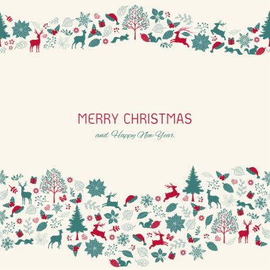 Tebrik kartı, dekoratif, moda, kumaş, tekstil, baskı veya ambalaj kağıdı, vektör illüstrasyonu için metin içeren klasik Noel arkaplanı