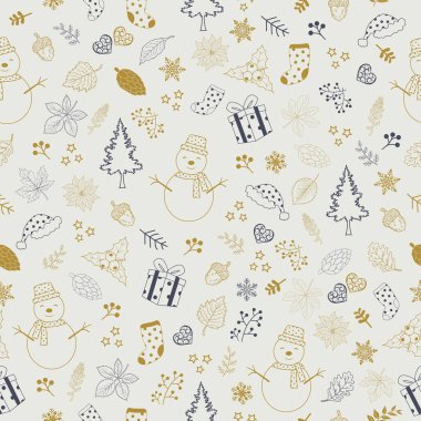 Noel tatili için kardan adam, hediye kutusu, çorap ve ağaç, ambalaj kağıdı, bebek kıyafeti veya duvar kâğıdı ile çizilmiş şirin el çizimi kusursuz desen.