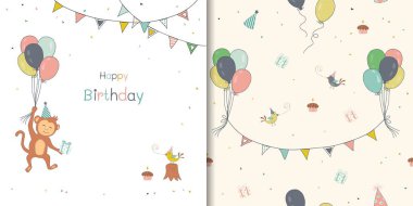 Doğum günü tebrik kartı seti ve kusursuz desen, el çizimi şirin maymun, balonlar, dekoratif, basılı ya da ambalajlı konfeti.
