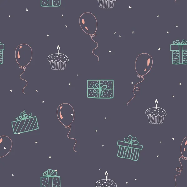 Handgezeichnete Doodle Skizze Mit Geschenkschachteln Cupcake Und Luftballons Auf Dunklem — Stockvektor